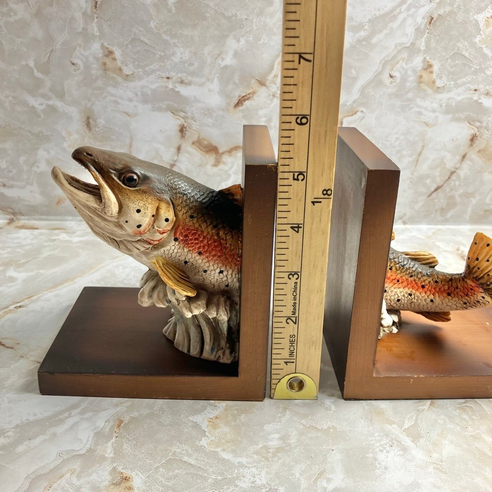 VTG Sterling Rainbow Trout Freshwater Fish Bookends Resin & Wood Rustic - Picture 11 of 12